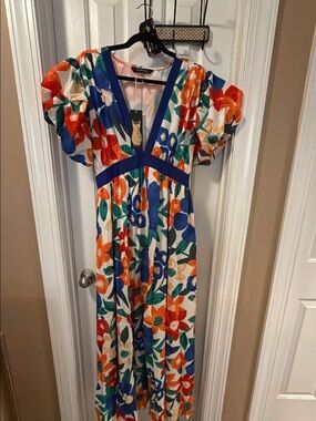 Floral Puff-Sleeve Maxi Dress with Navy Trim